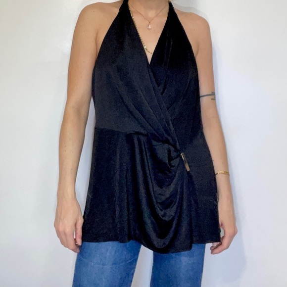 💫 Halter Surplice Y2K V-Neck Victoria’s Secret Black Spandex Halter Club Top - Picture 2 of 7